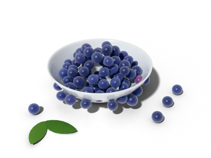 A pale blue bowl heaped with ripe blueberries, a few loose berries and two leaves beside it