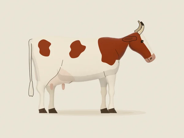 Ayrshire cow, red-brown and white with upswept horns, in side view
