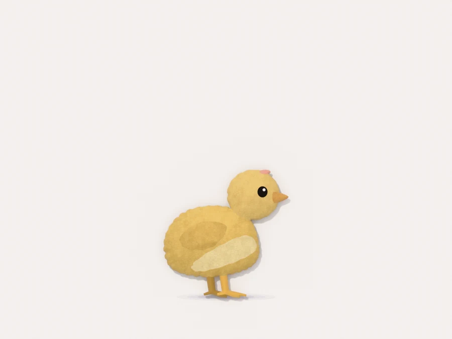 A week-old chick in side profile, round and covered in yellow down, with a small beak and short legs