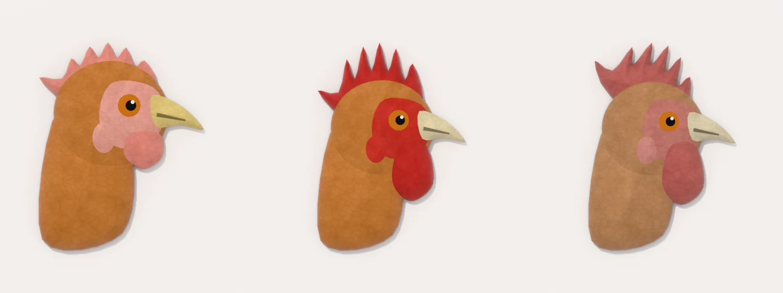 Three hen heads in profile: a growing pullet with a small pale comb, a laying hen with a large bright red comb and wattles, and a hen out of lay with a smaller, duller comb