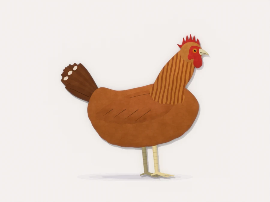 A laying hen in side profile with a large bright red comb and wattles, full brown plumage and pale bleached legs