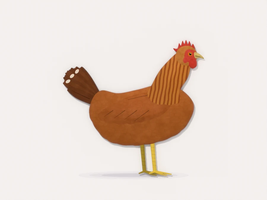 A point-of-lay pullet in side profile with a reddening comb and wattles and full brown plumage