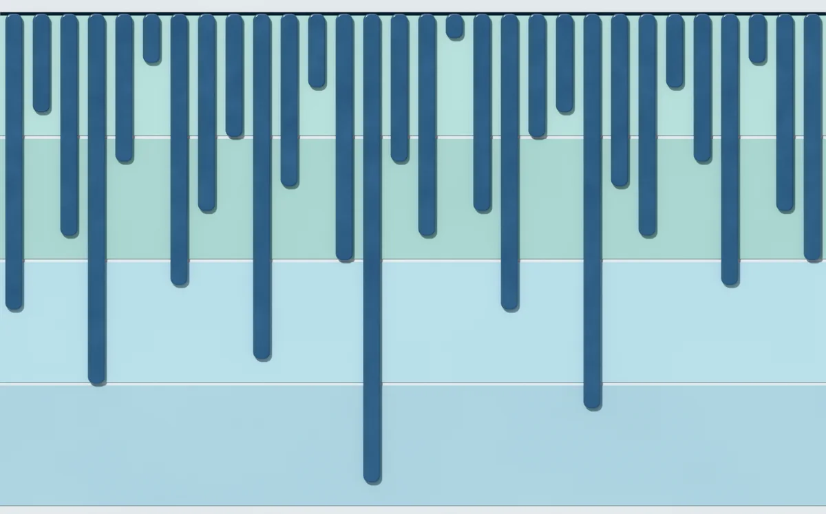 Bar chart of 30 made-up winter lows from 1991 to 2020, between −1 and −19°F, over pale bands for zones 6b, 6a, 5b and 5a
