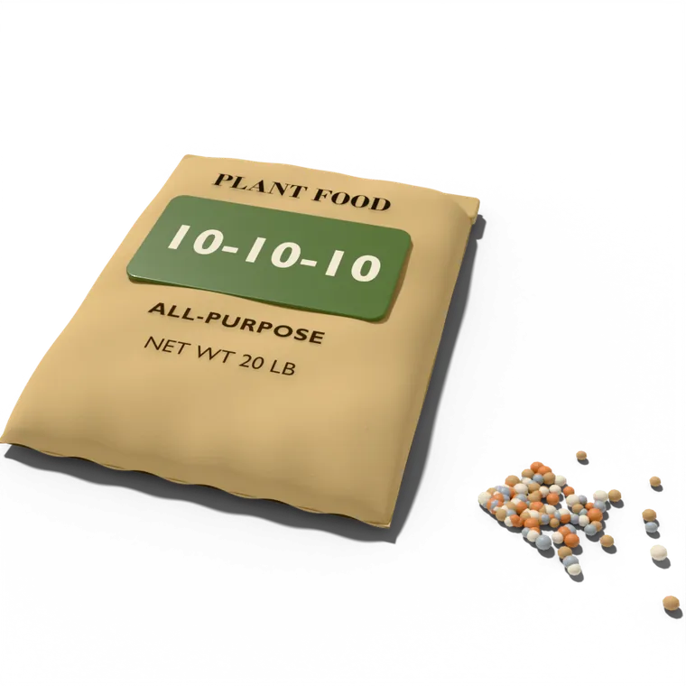 A kraft-paper bag of all-purpose plant food labelled 10-10-10, net weight 20 pounds, with granules spilled beside it