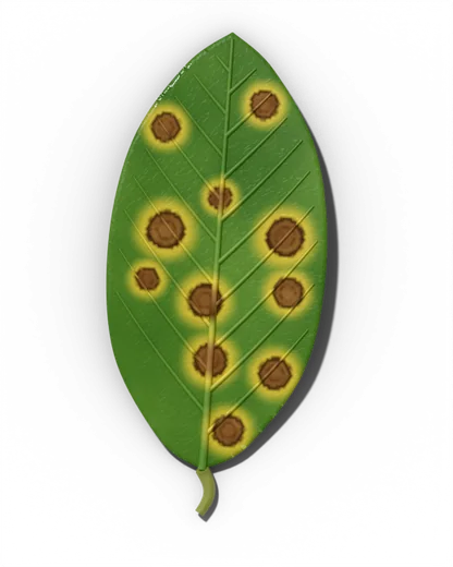Fungal leaf spot symptom: Brown, often ringed spots with yellow halos.