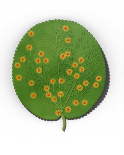 Rust symptom: Yellow flecks; orange powdery pustules, mostly beneath.