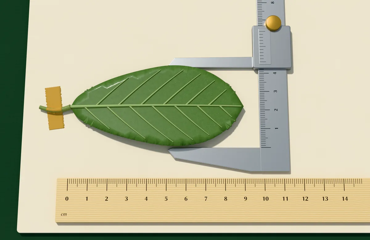 A green leaf taped by its stalk to a cream herbarium card. A boxwood ruler beneath it starts at the base of the blade and reads 9 cm at the tip; steel calipers are closed on the widest part of the blade at about 4.3 cm.