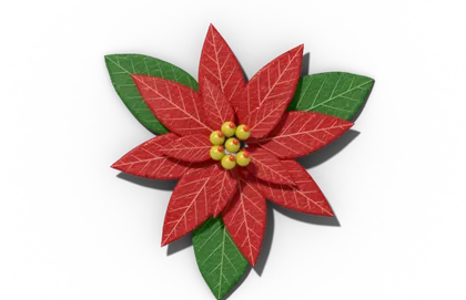 Poinsettia with red leafy bracts around small yellow flowers