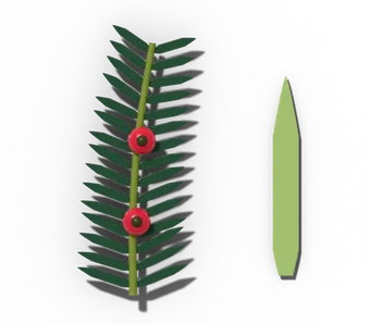 Yew twig with flat, pointed needles and red berry-like arils, beside a single needle