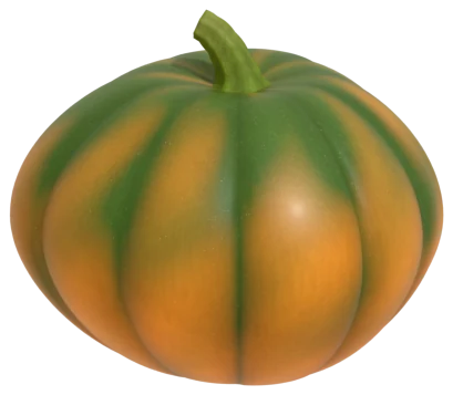 An unripe pumpkin, orange with green patches in its grooves and a shiny skin