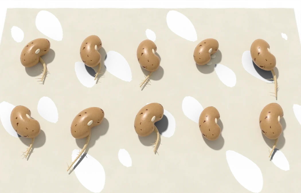 Damp paper towel with ten bean seeds; eight have sprouted roots, two are mouldy