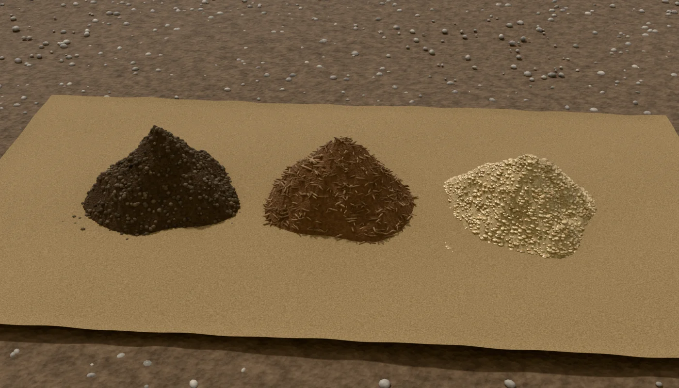 Three heaps on a tarp: dark crumbly compost, brown fibrous peat moss and golden flakes of vermiculite