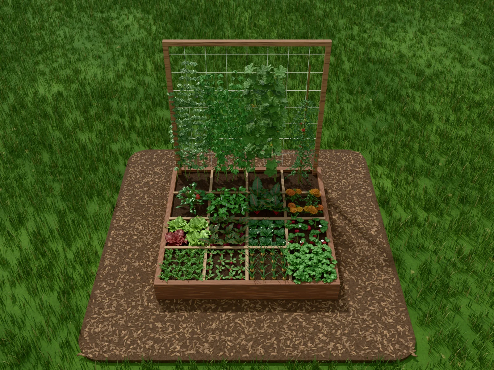 A 4 by 4 cedar raised bed on a bark path in a lawn, divided by a wooden lath grid into 16 squares of vegetables, herbs and flowers, with peas, beans, a cucumber and a tomato on a trellis along the back