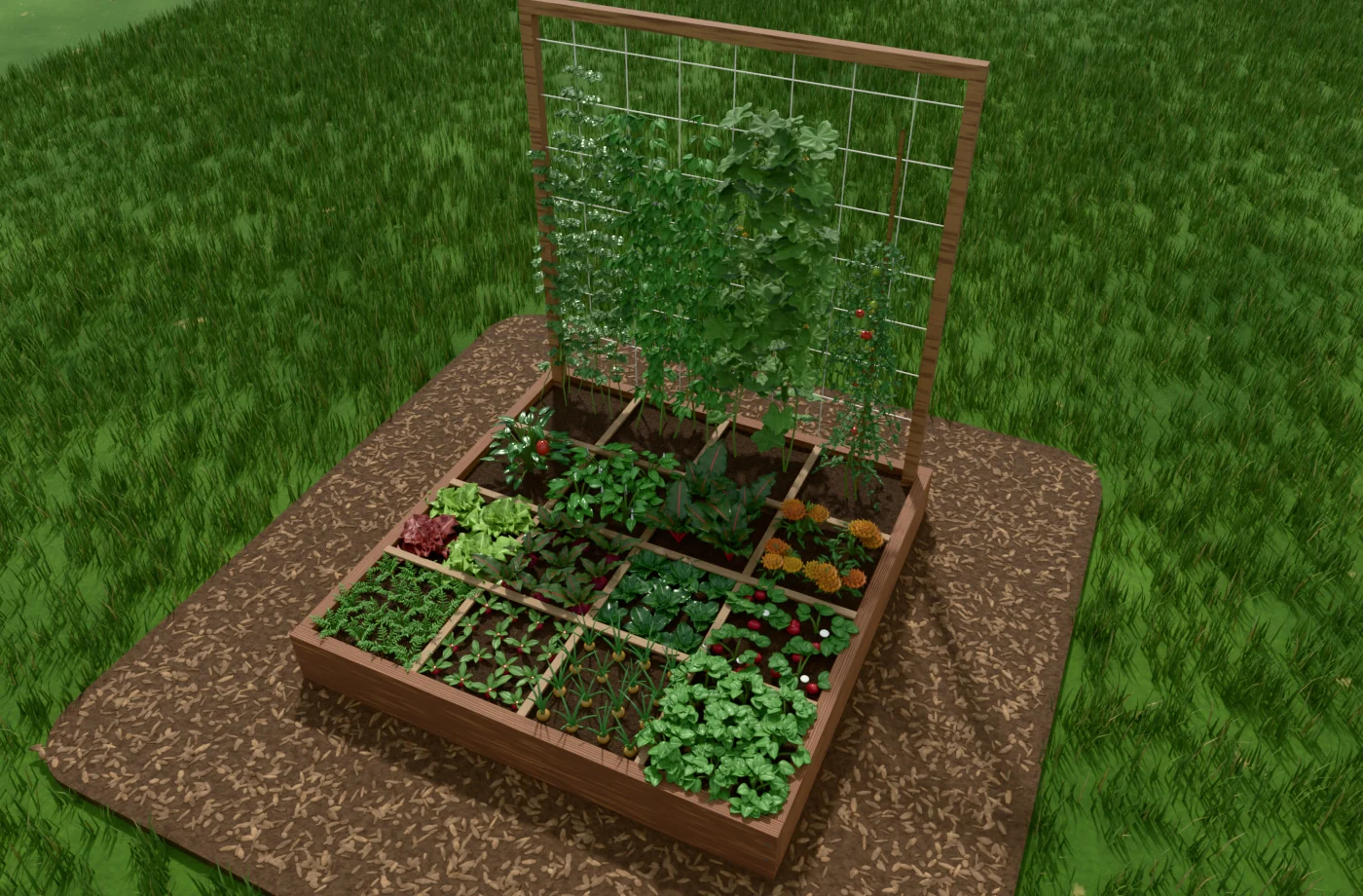 The north side of a raised bed: peas and pole beans climbing netting on a wooden trellis, a cucumber vine with fruit and a staked tomato with red and green fruit
